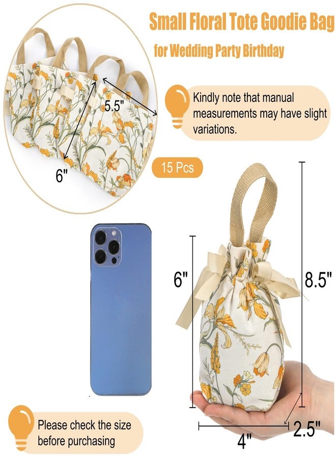ELFULLY 15 Pcs Mini Canvas Drawstring Gift Bags, 6"x4"x2.7" Small Floral Party Favor Pouch with Handle, Cute Wedding Candy Bag Sachet for Birthday Bridal Shower, Valentine's Day, Mother's Day - Image 2